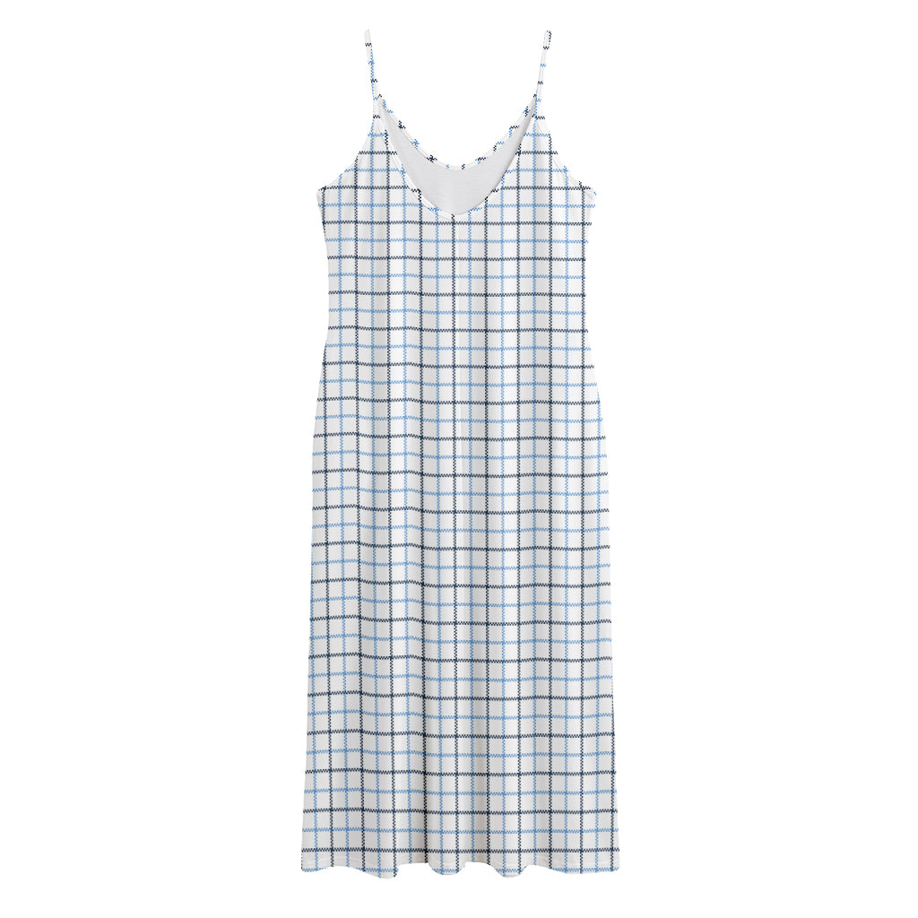 White And Blue Tattersall Pattern Print Jersey Midi Cami Dress