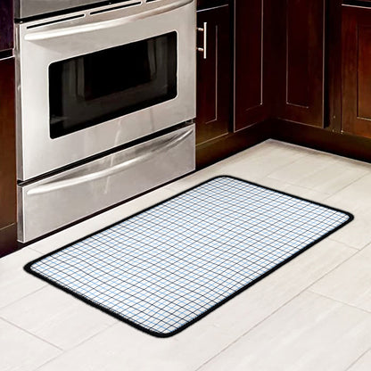 White And Blue Tattersall Pattern Print Kitchen Mat