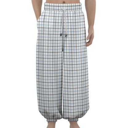 White And Blue Tattersall Pattern Print Lantern Pants