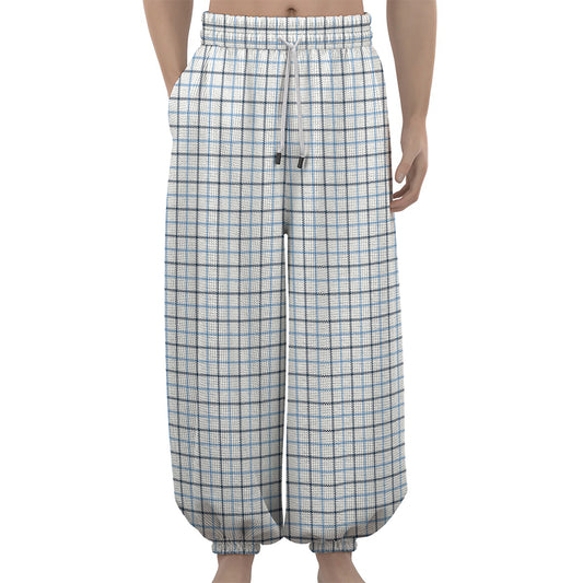 White And Blue Tattersall Pattern Print Lantern Pants
