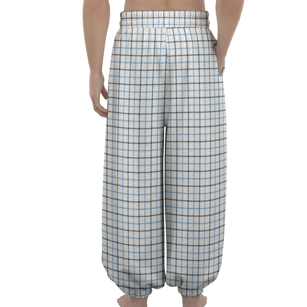 White And Blue Tattersall Pattern Print Lantern Pants