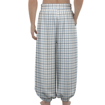 White And Blue Tattersall Pattern Print Lantern Pants