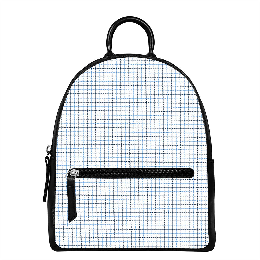 White And Blue Tattersall Pattern Print Leather Backpack