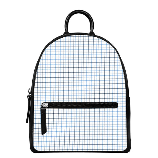 White And Blue Tattersall Pattern Print Leather Backpack