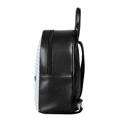 White And Blue Tattersall Pattern Print Leather Backpack