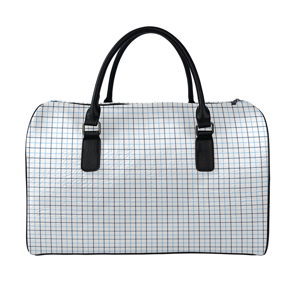 White And Blue Tattersall Pattern Print Leather Duffle Bag