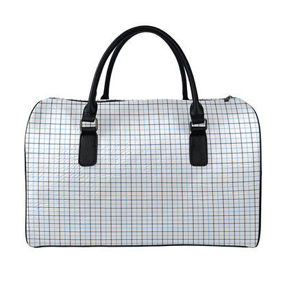 White And Blue Tattersall Pattern Print Leather Duffle Bag
