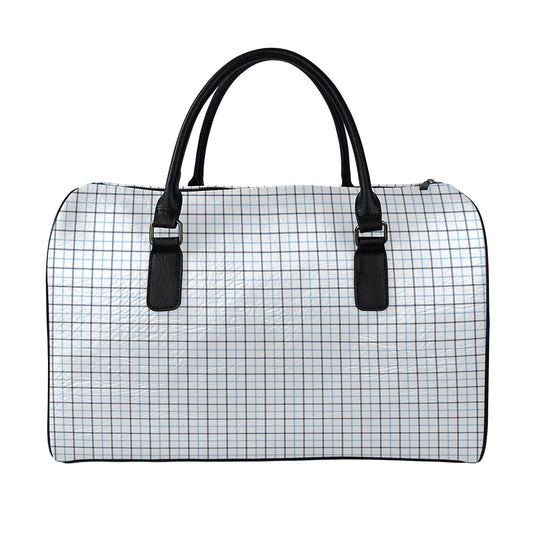 White And Blue Tattersall Pattern Print Leather Duffle Bag