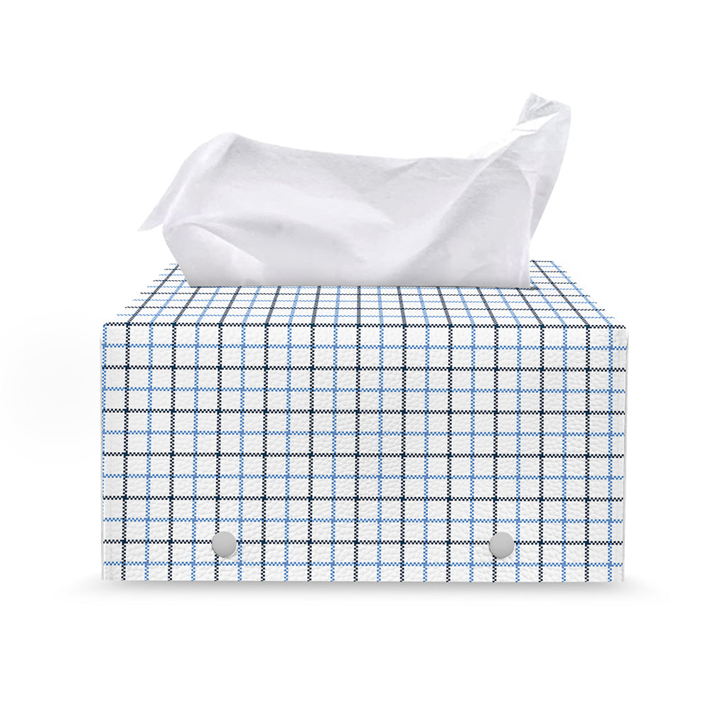 White And Blue Tattersall Pattern Print Leather Tissue Box Cover