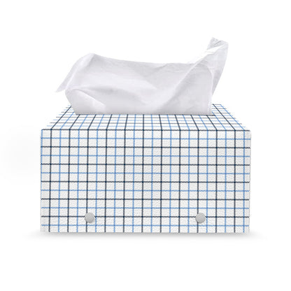 White And Blue Tattersall Pattern Print Leather Tissue Box Cover