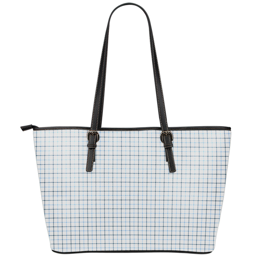 White And Blue Tattersall Pattern Print Leather Tote Bag