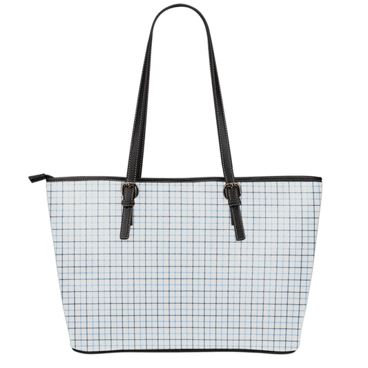 White And Blue Tattersall Pattern Print Leather Tote Bag
