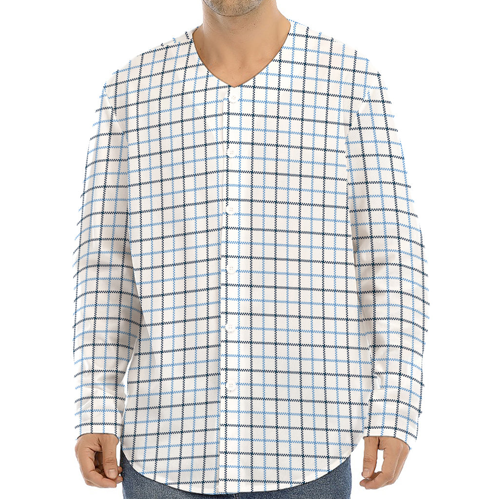 White And Blue Tattersall Pattern Print Long Sleeve Baseball Jersey