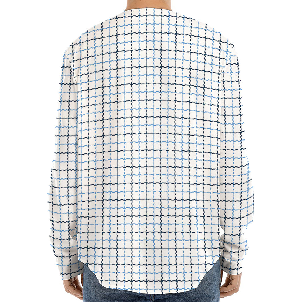 White And Blue Tattersall Pattern Print Long Sleeve Baseball Jersey