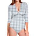 White And Blue Tattersall Pattern Print Long Sleeve Swimsuit