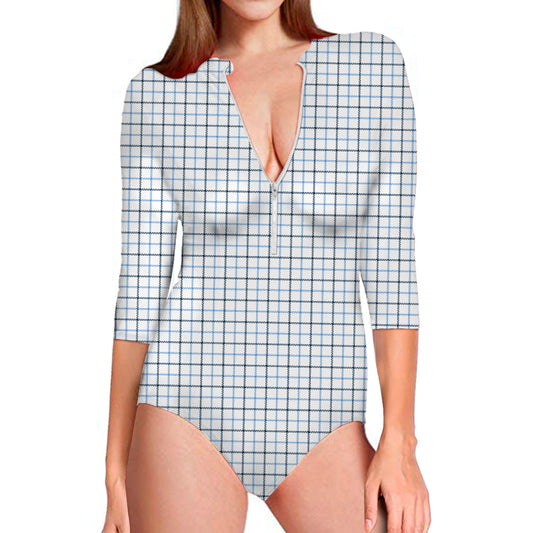 White And Blue Tattersall Pattern Print Long Sleeve Swimsuit