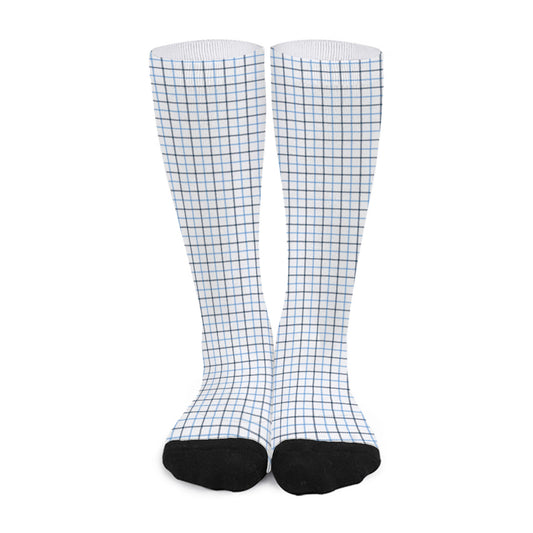 White And Blue Tattersall Pattern Print Long Socks