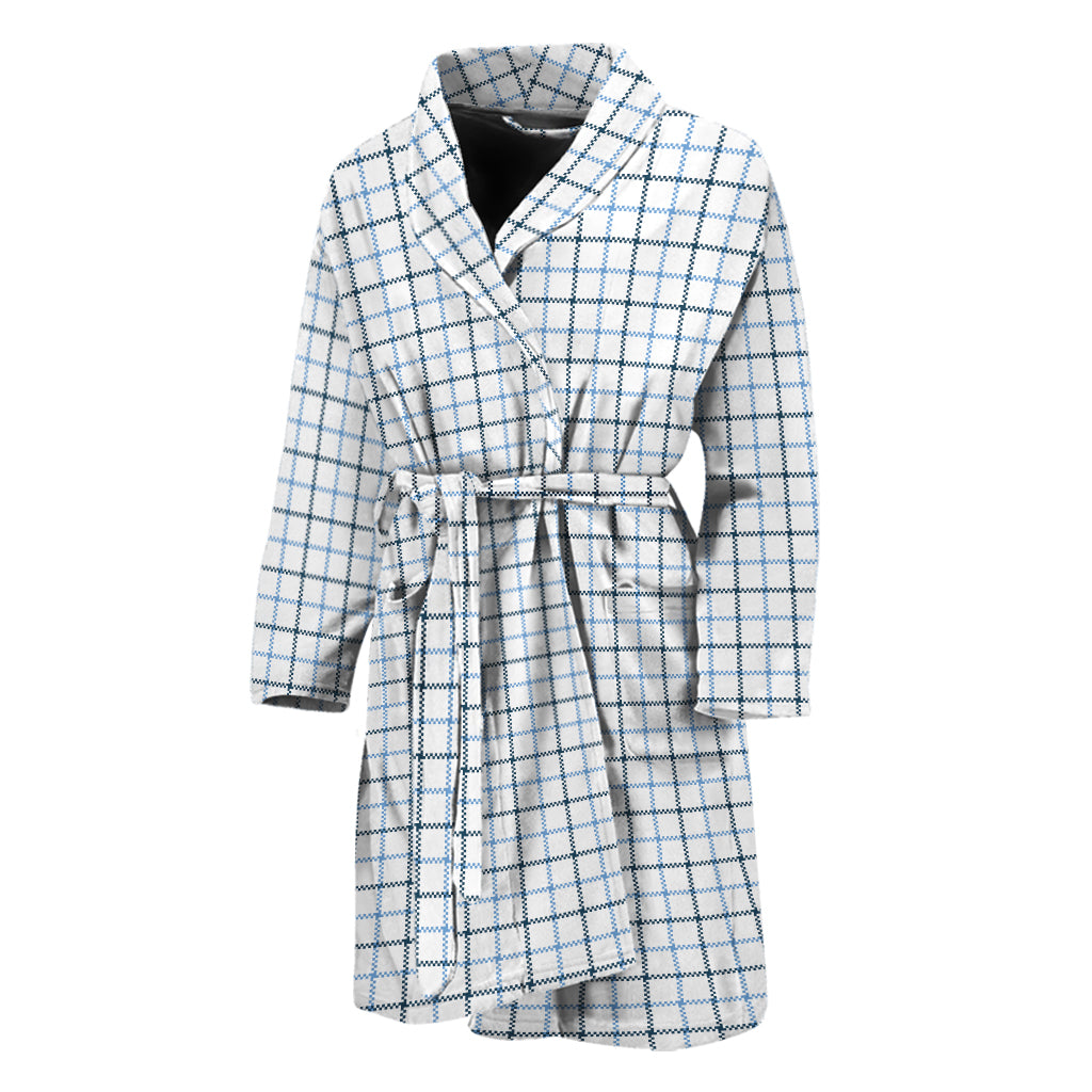 White And Blue Tattersall Pattern Print Men's Bathrobe