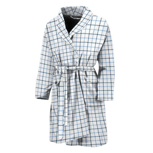 White And Blue Tattersall Pattern Print Men's Bathrobe