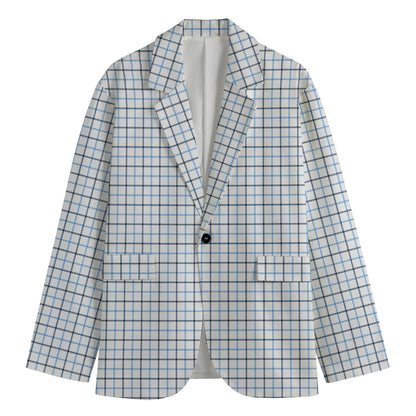White And Blue Tattersall Pattern Print Men's Blazer