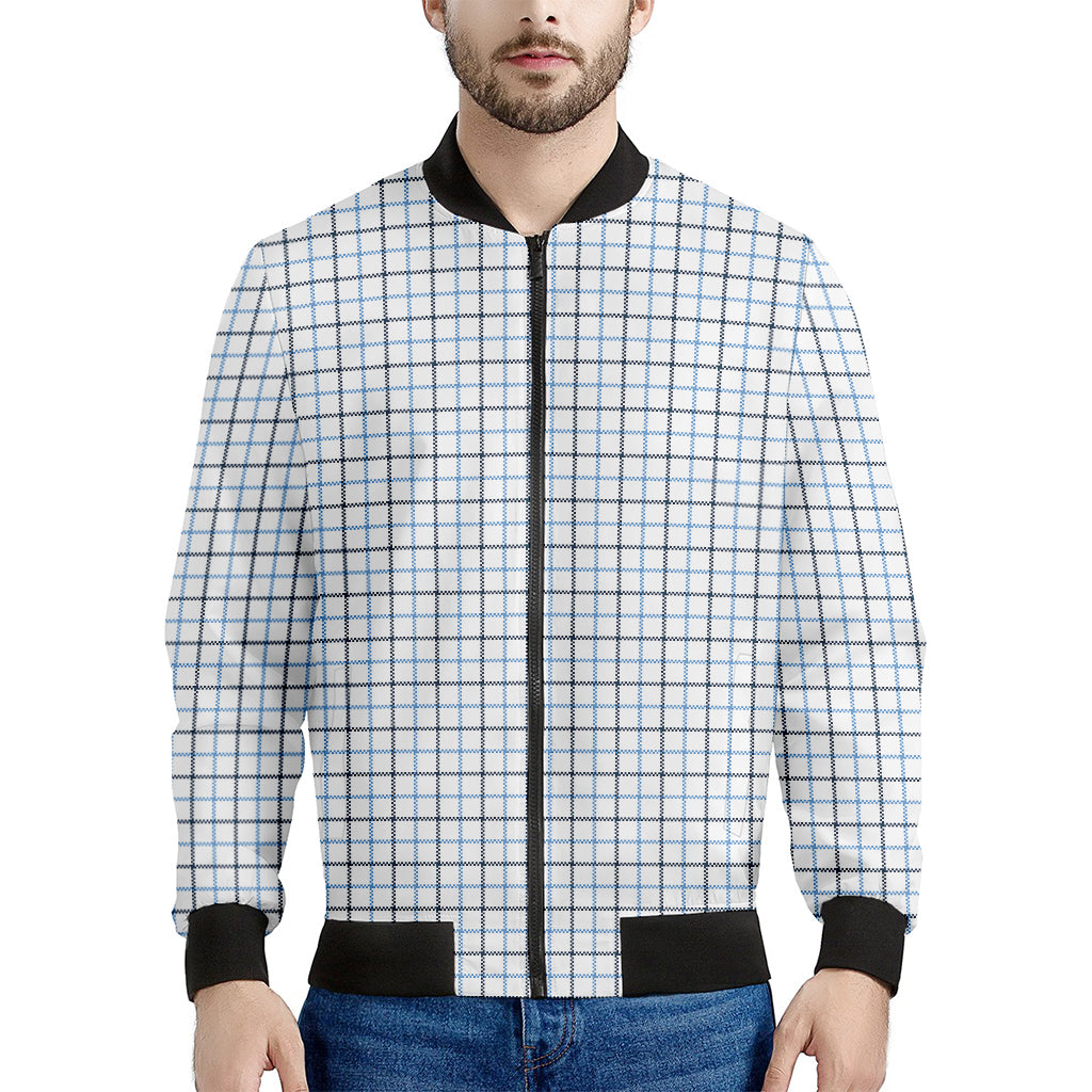 White And Blue Tattersall Pattern Print Men's Bomber Jacket