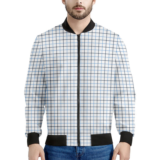 White And Blue Tattersall Pattern Print Men's Bomber Jacket