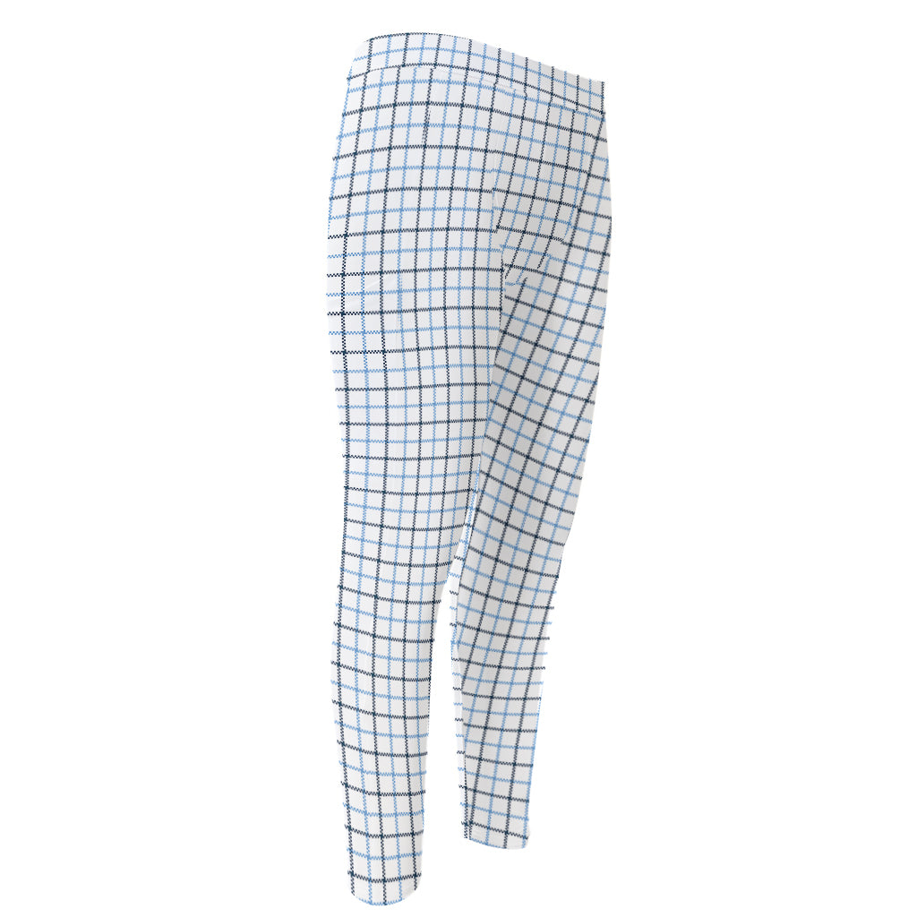 White And Blue Tattersall Pattern Print Men's Compression Pants