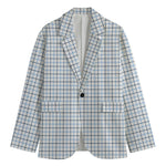 White And Blue Tattersall Pattern Print Men's Cotton Blazer