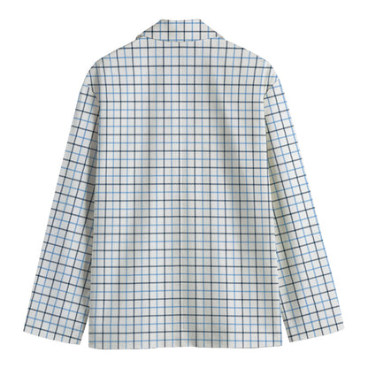 White And Blue Tattersall Pattern Print Men's Cotton Blazer