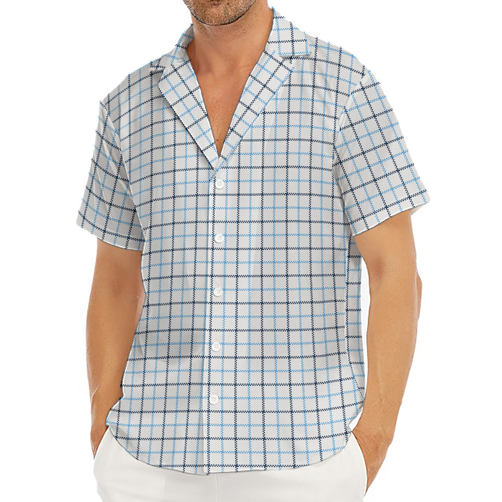 White And Blue Tattersall Pattern Print Men's Deep V-Neck Shirt