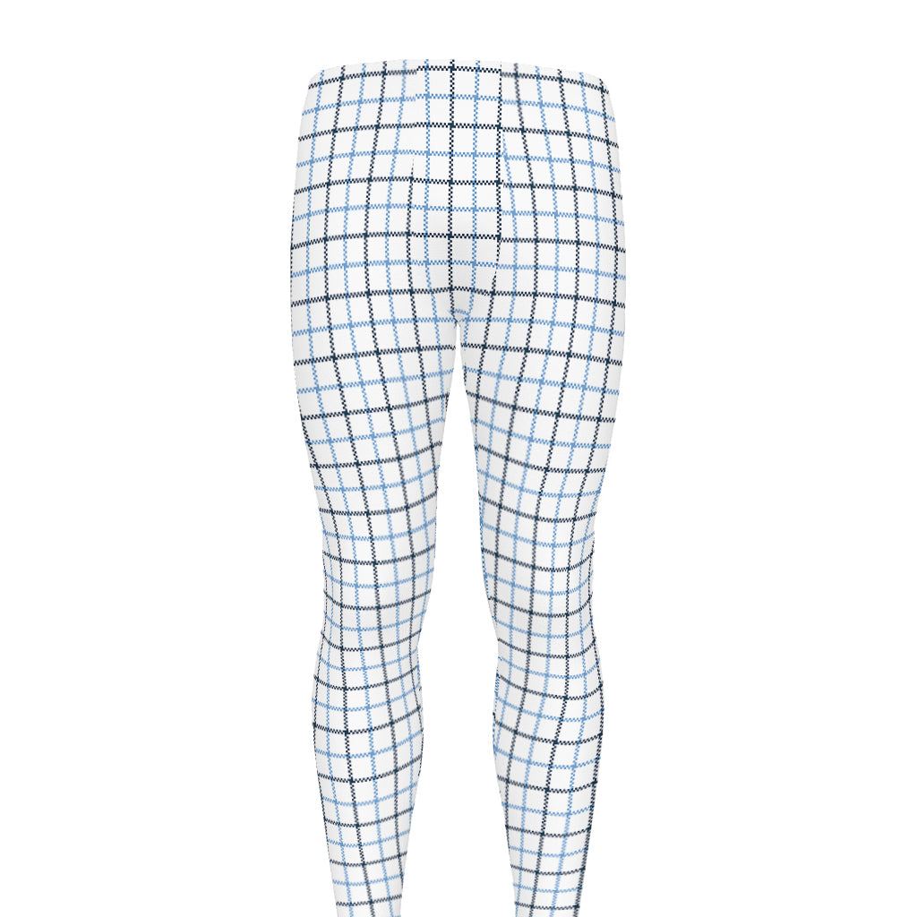 White And Blue Tattersall Pattern Print Men's leggings