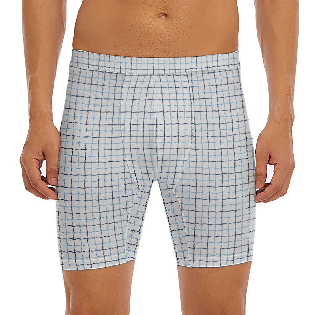 White And Blue Tattersall Pattern Print Men's Long Boxer Briefs
