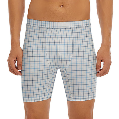 White And Blue Tattersall Pattern Print Men's Long Boxer Briefs