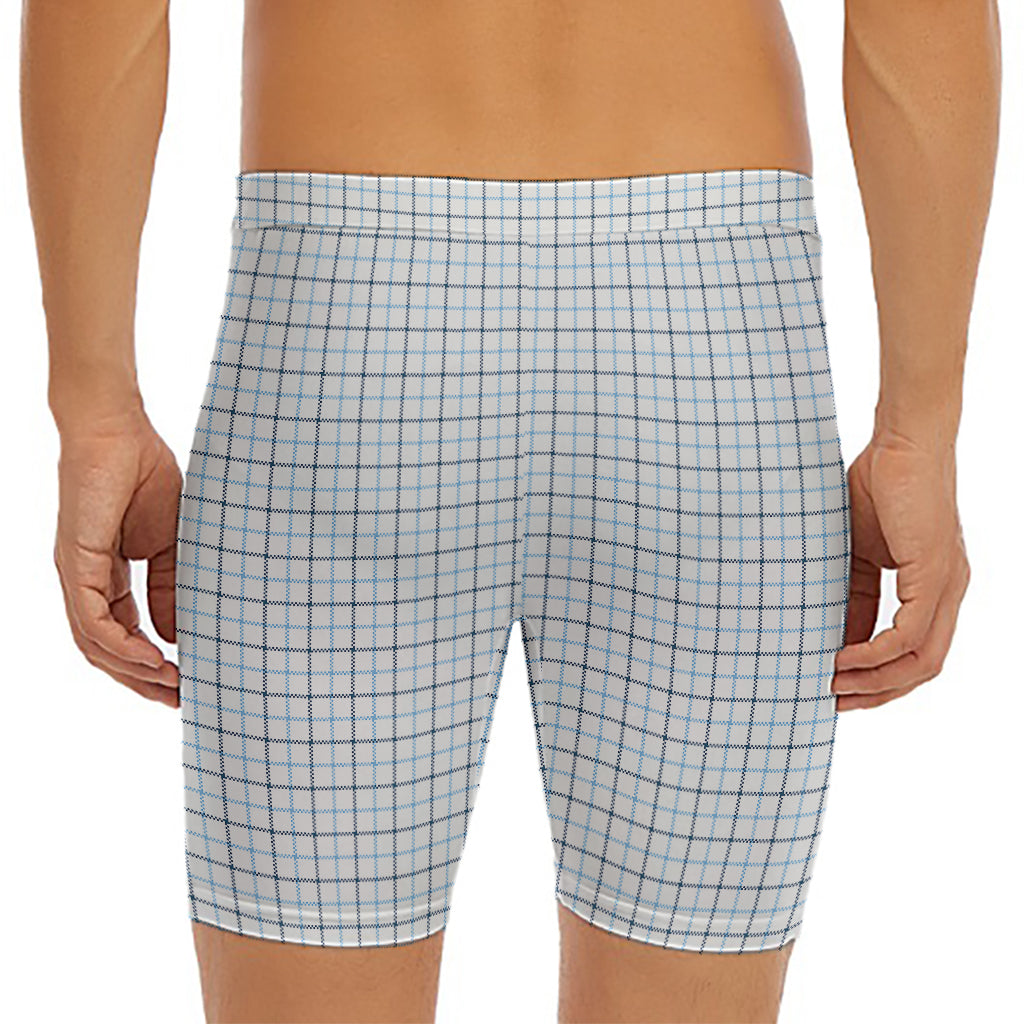 White And Blue Tattersall Pattern Print Men's Long Boxer Briefs