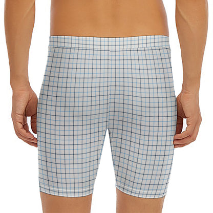 White And Blue Tattersall Pattern Print Men's Long Boxer Briefs