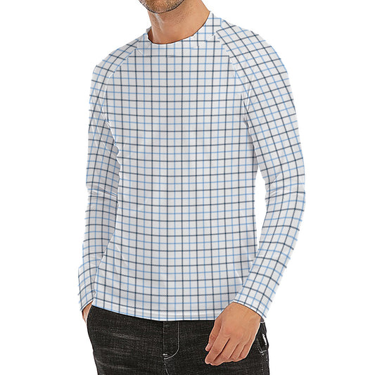 White And Blue Tattersall Pattern Print Men's Long Sleeve Rash Guard