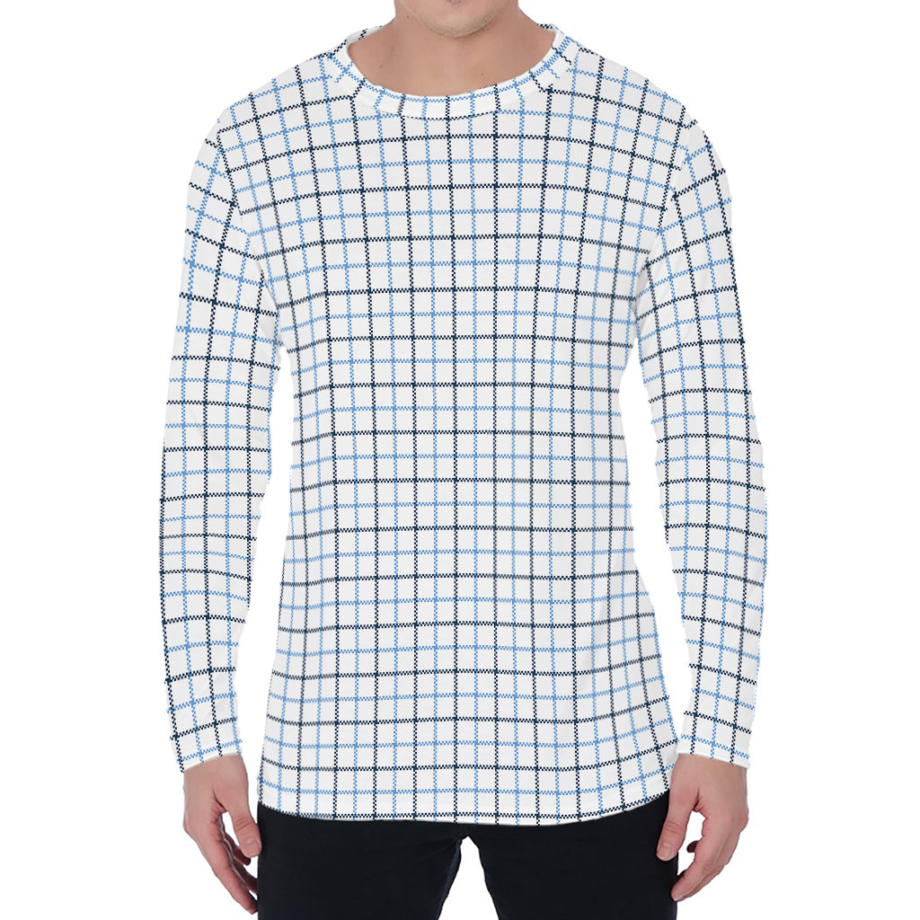 White And Blue Tattersall Pattern Print Men's Long Sleeve T-Shirt