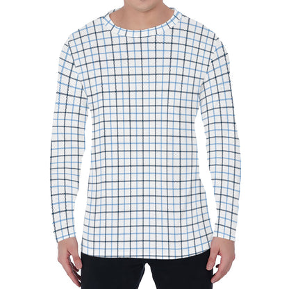 White And Blue Tattersall Pattern Print Men's Long Sleeve T-Shirt