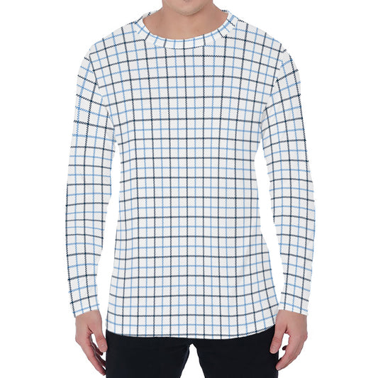 White And Blue Tattersall Pattern Print Men's Long Sleeve T-Shirt