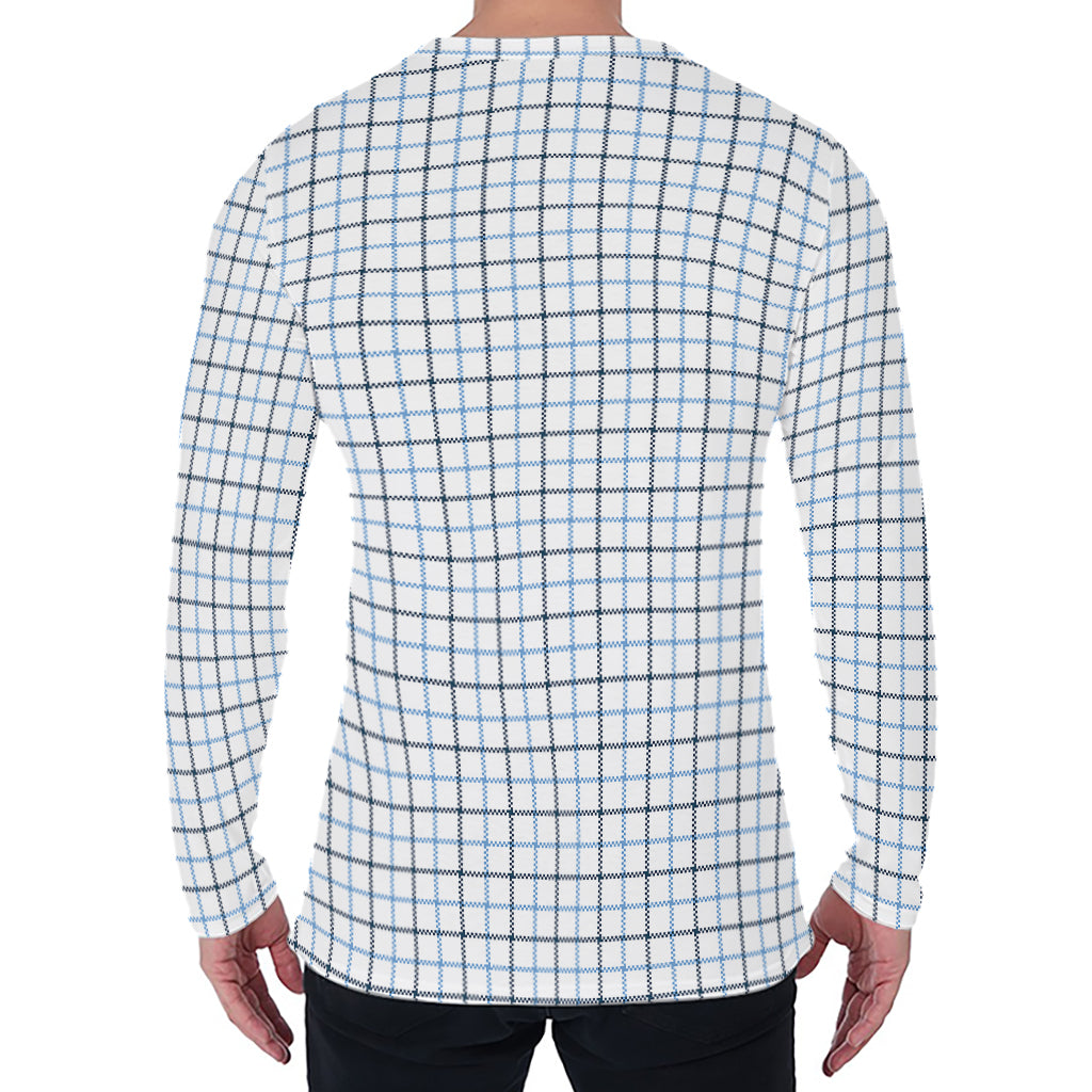White And Blue Tattersall Pattern Print Men's Long Sleeve T-Shirt