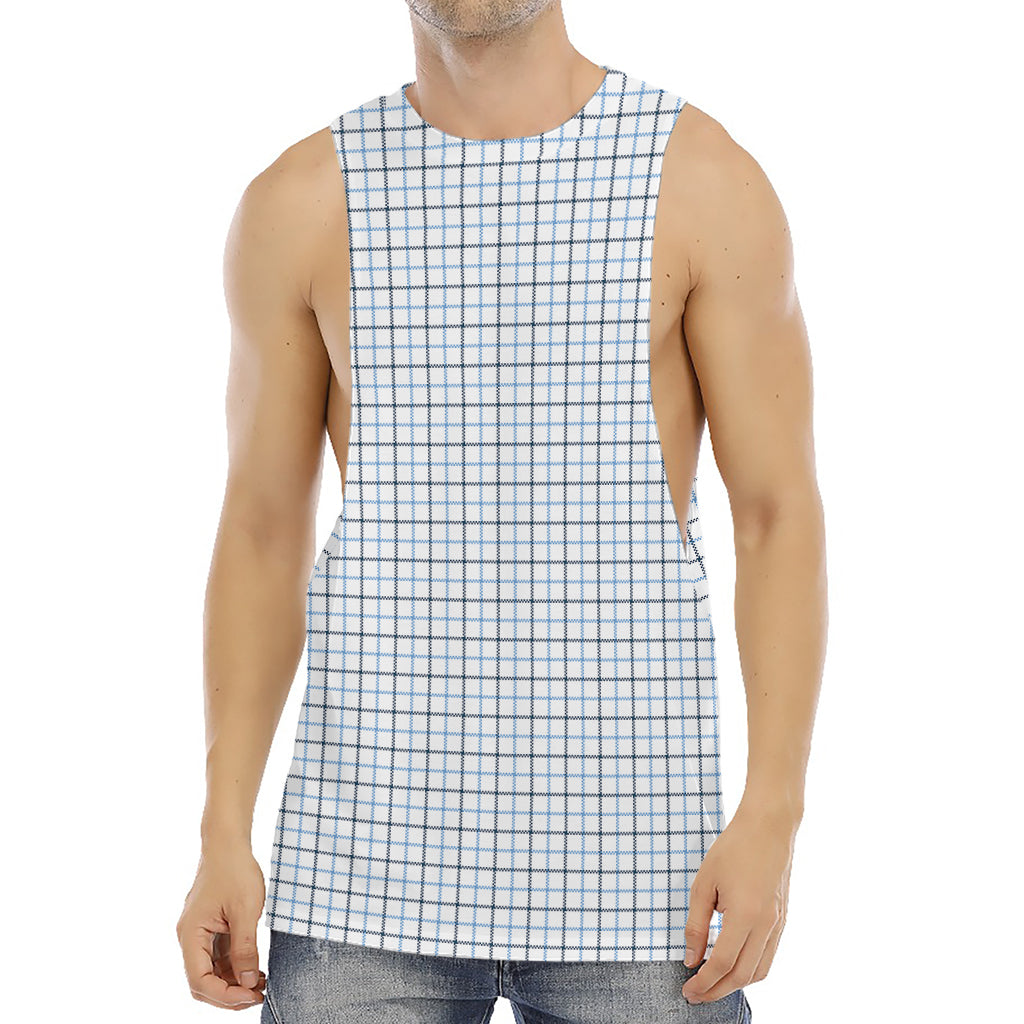 White And Blue Tattersall Pattern Print Men's Muscle Tank Top
