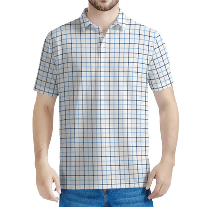 White And Blue Tattersall Pattern Print Men's Polo Shirt
