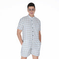 White And Blue Tattersall Pattern Print Men's Romper