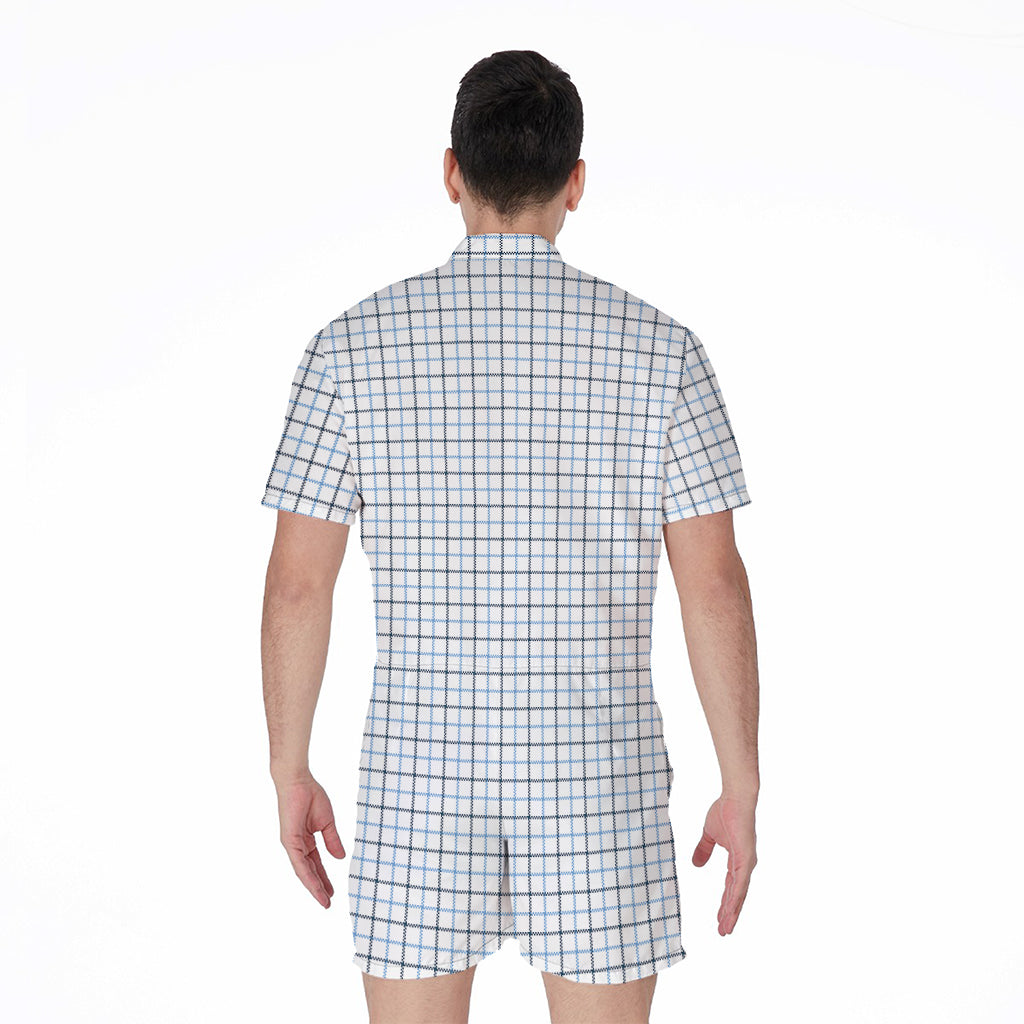 White And Blue Tattersall Pattern Print Men's Rompers