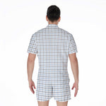 White And Blue Tattersall Pattern Print Men's Rompers