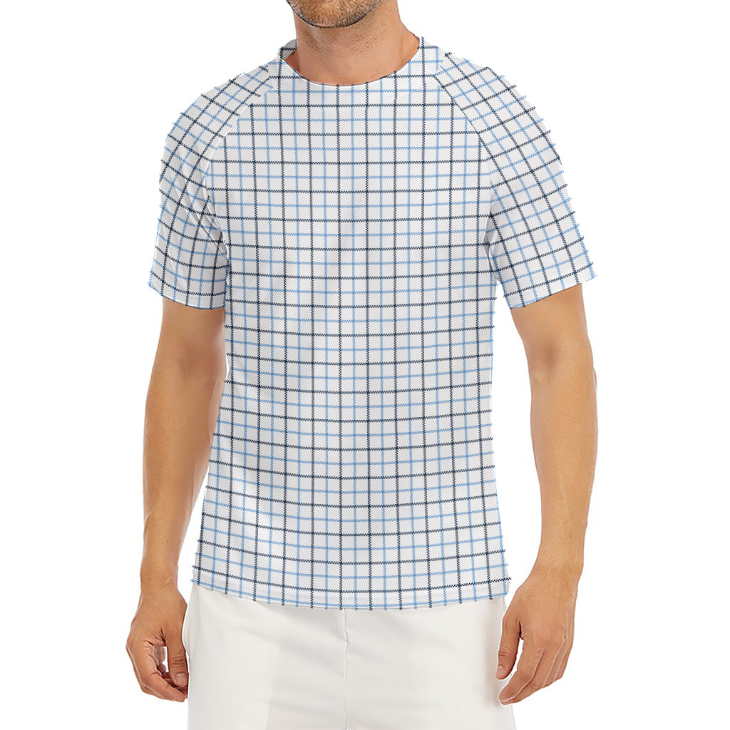 White And Blue Tattersall Pattern Print Men's Short Sleeve Rash Guard