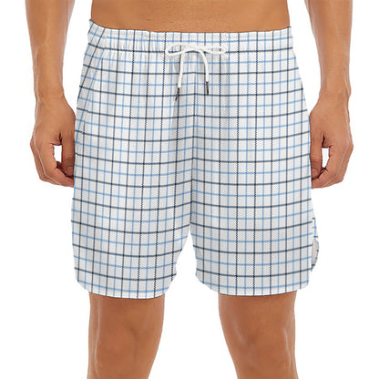 White And Blue Tattersall Pattern Print Men's Split Running Shorts