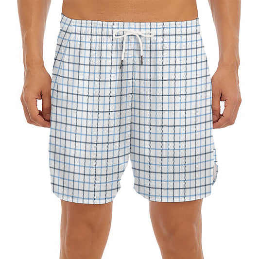 White And Blue Tattersall Pattern Print Men's Split Running Shorts