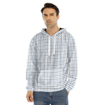 White And Blue Tattersall Pattern Print Men's Velvet Pullover Hoodie