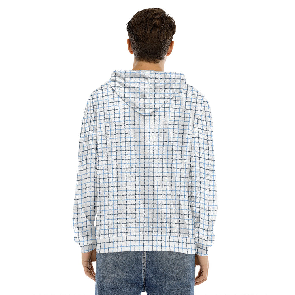 White And Blue Tattersall Pattern Print Men's Velvet Pullover Hoodie
